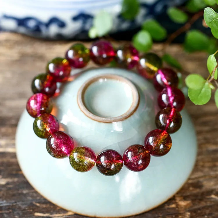 Women's watermelon crystal bracelet with pastoral style beads in handmade design.