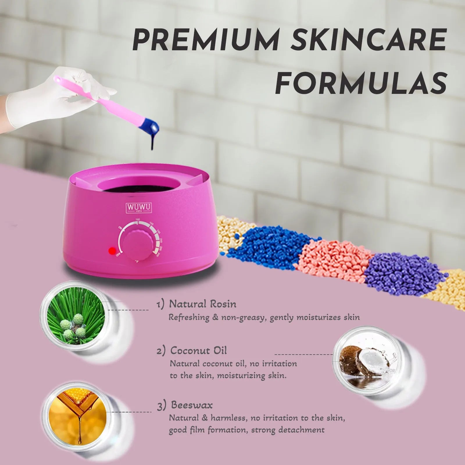 Black and pink professional waxing kit with warmer, hard wax beans, lotion, and application tools laid out.