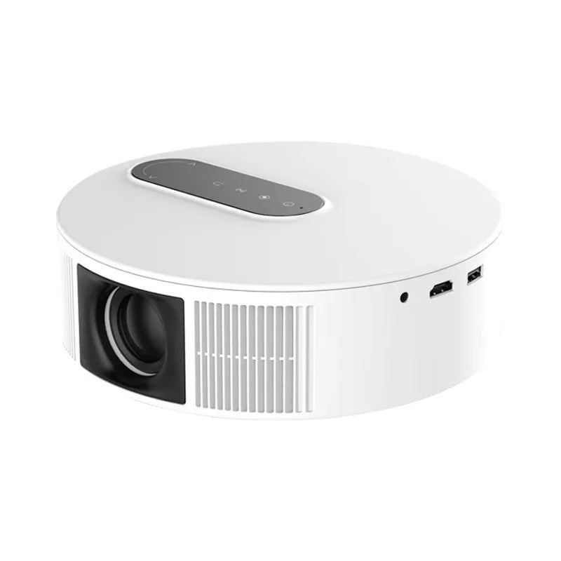 White HD 720p home theatre projector with remote control on a table