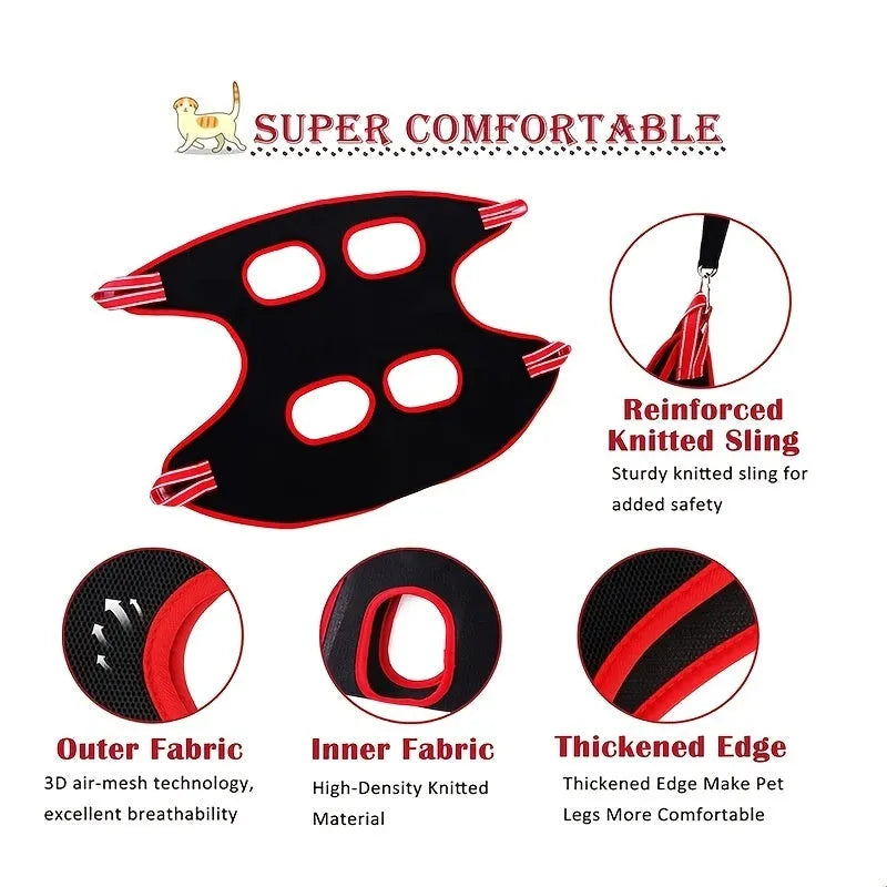 Pet grooming hammock restraint bag hanging for cat or dog nail clipping and bath time.