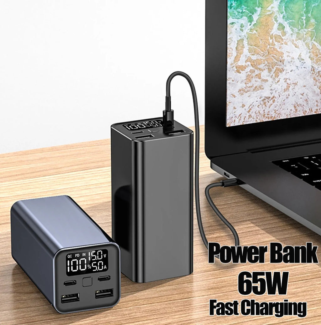 65W 20000mAh metal laptop charging bank in black showing dimensions and USB ports