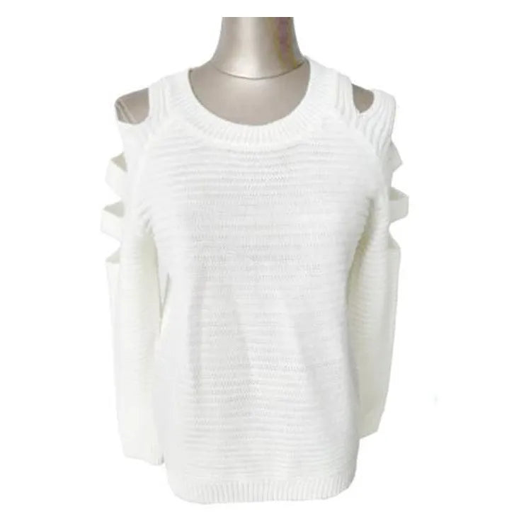 Women's white crocheted hollow-out jumper with round neck and long sleeves