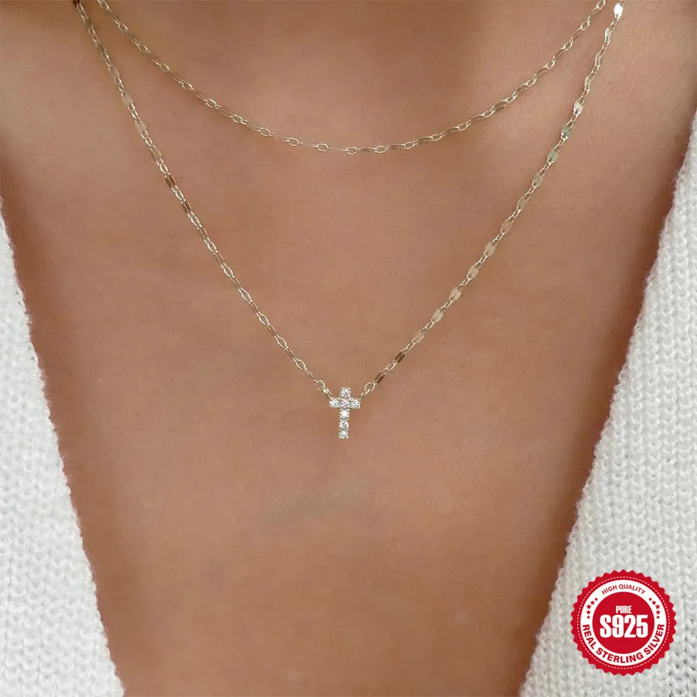 S925 sterling silver double layer twin diamond cross pendant necklace with geometric design on clavicle chain