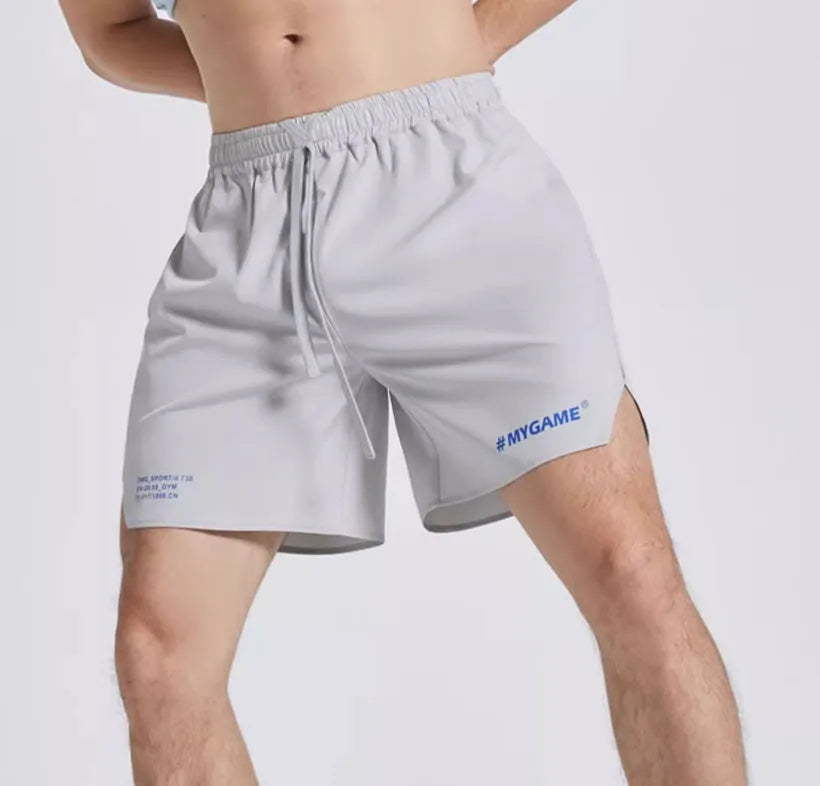 Men's fitness training shorts in a polyester and spandex blend, shown in one of four available colours.