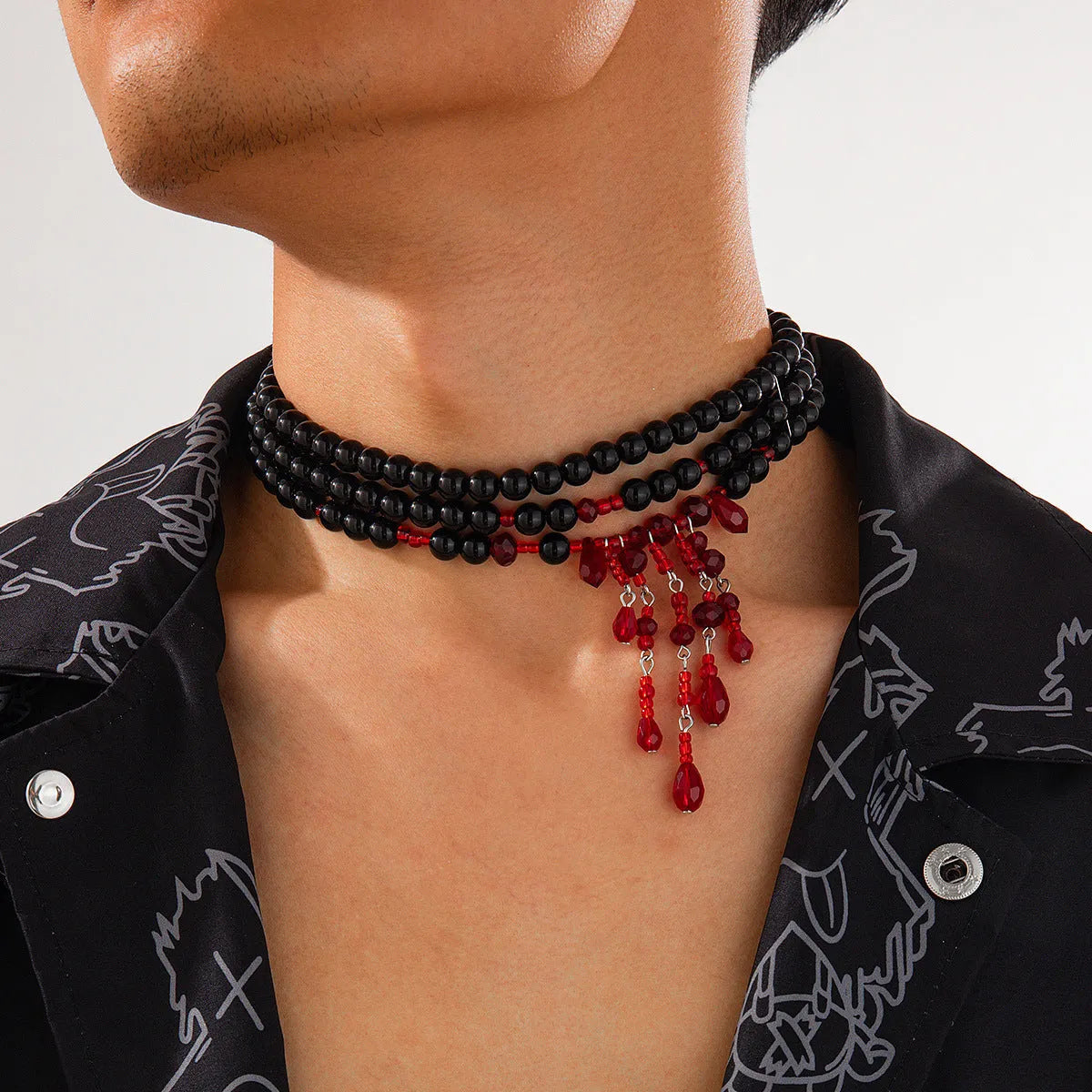 Men's Halloween necklace with blood drop crystal pendant and pearl tassel chain in red and black colours