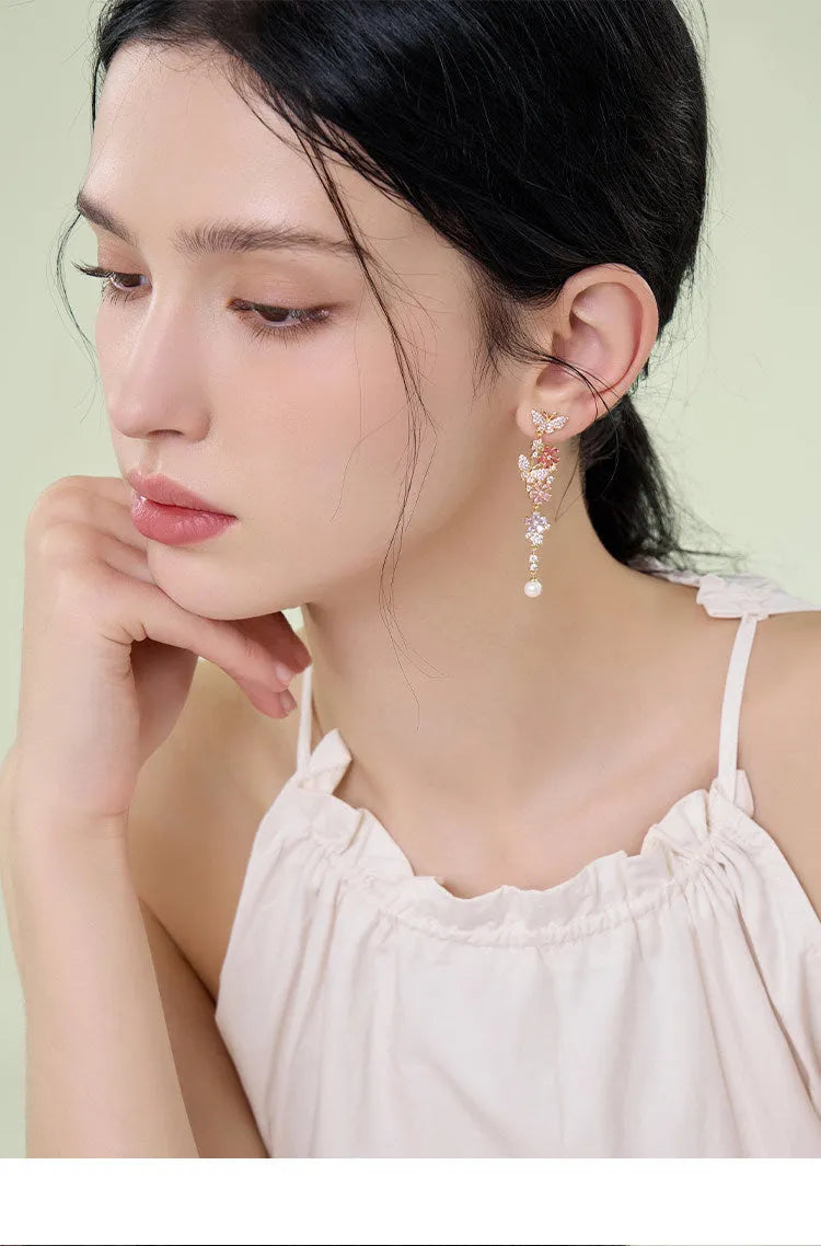 Butterfly flower detachable multicolor zircon pearl earrings with 925 silver needle stud or spiral clip on environmentally friendly brass