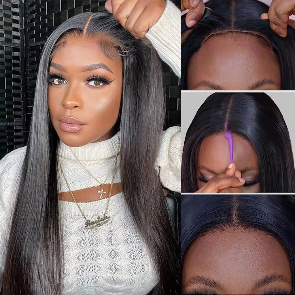 Glueless human hair straight wig with side bangs shown in long length