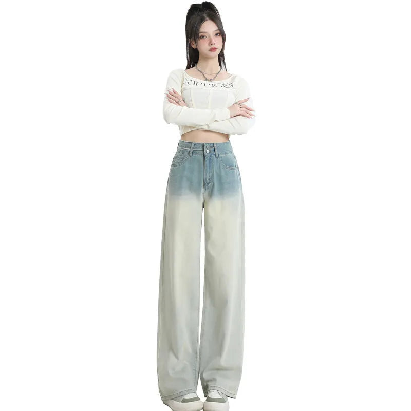 Gradient blue denim straight-leg pants with wide leg style for women