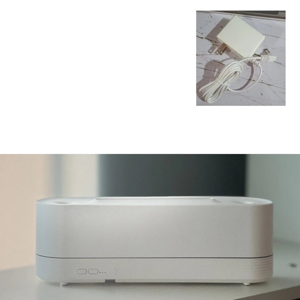 Black or white Flame Air ultrasonic humidifier and essential oil diffuser with LED flame lights on.