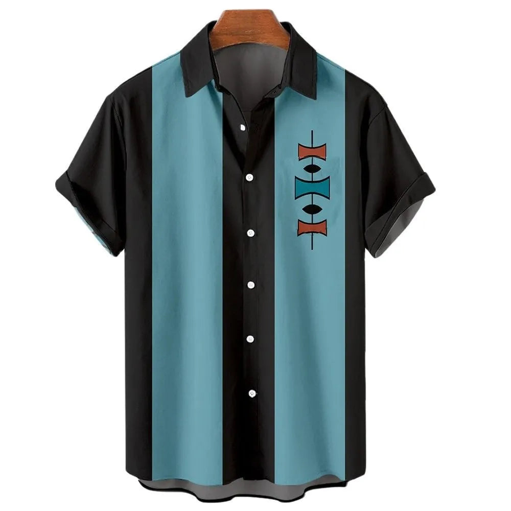 Man wearing a striped short sleeve button-down Hawaiian shirt in a casual setting.