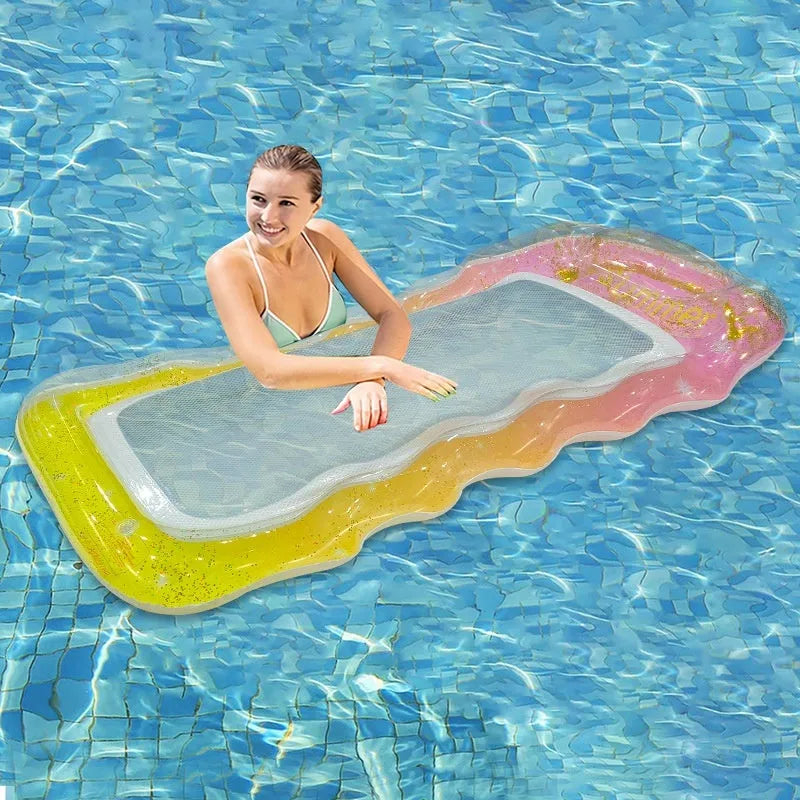Colourful inflatable PVC floating row with sequin designs and canopy option on pool water.