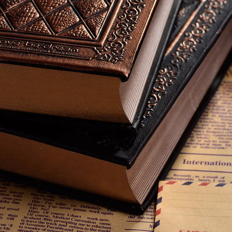 Embossed faux leather notepad with a super thick, textured cover in bronze colour