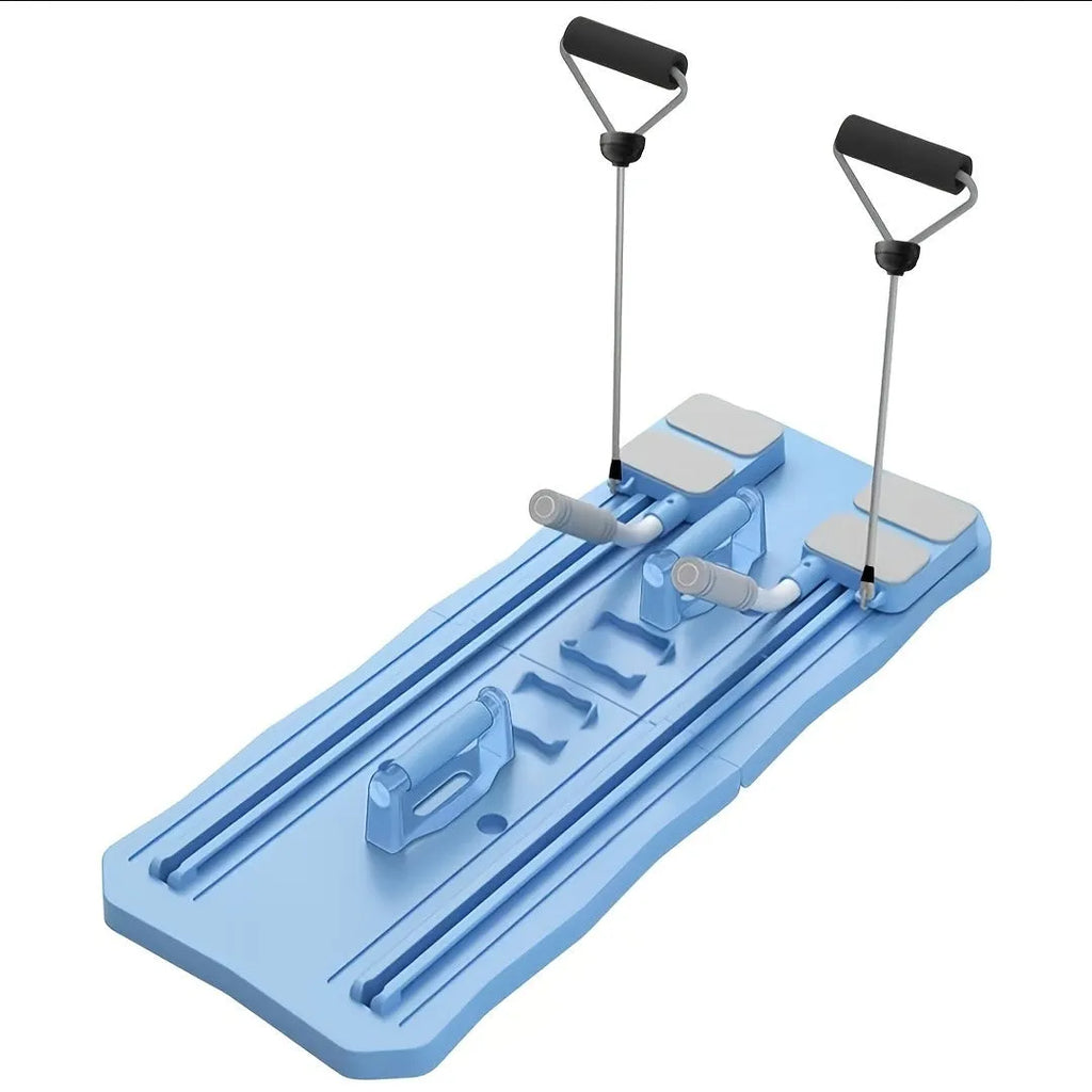 Blue multifunctional supine board wheel home exercise equipment on wooden floor