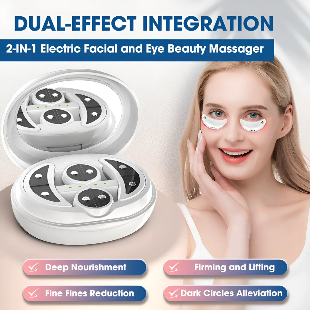 White wireless red light EMS eye and face two-in-one massage device on a white background.