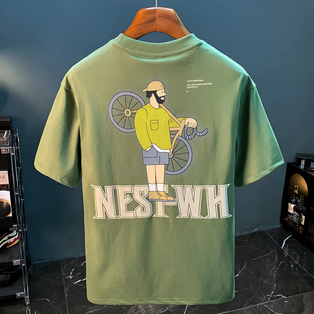 Green men's loose-fit T-shirt with a printed Literary Youth graphic on the front.