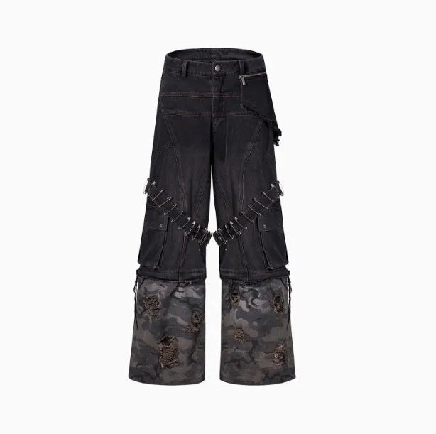 Men's grey camouflage jeans showing pin and ribbon splicing detail on the leg.