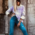 Lilac plaid print loose fit ladies jumper with V-neck and ribbed trim on collar and cuffs