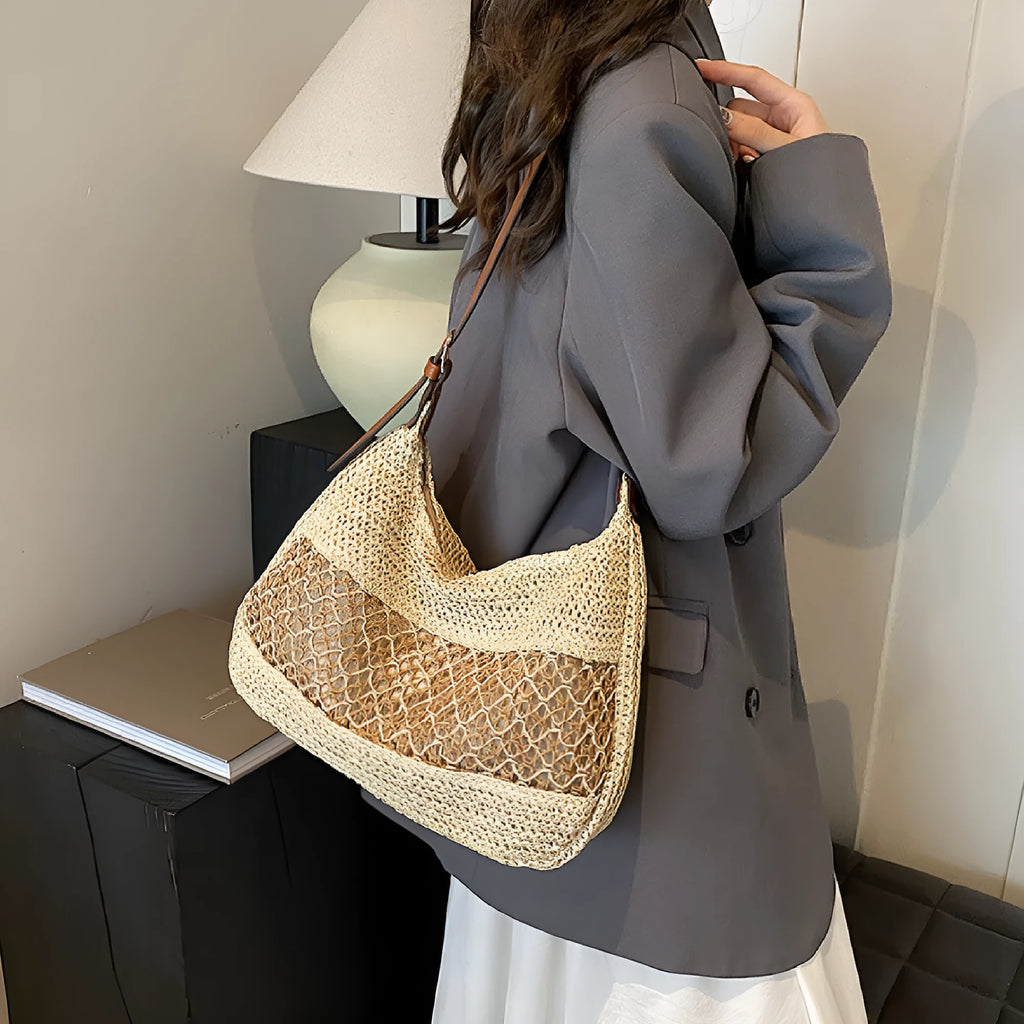 Women's straw cross body bag in khaki colour with sandwich pocket and horizontal square shape