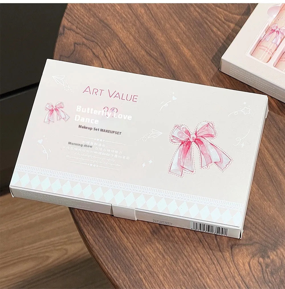 Butterfly Box makeup set with four lip muds, pink blusher, and matching necklace