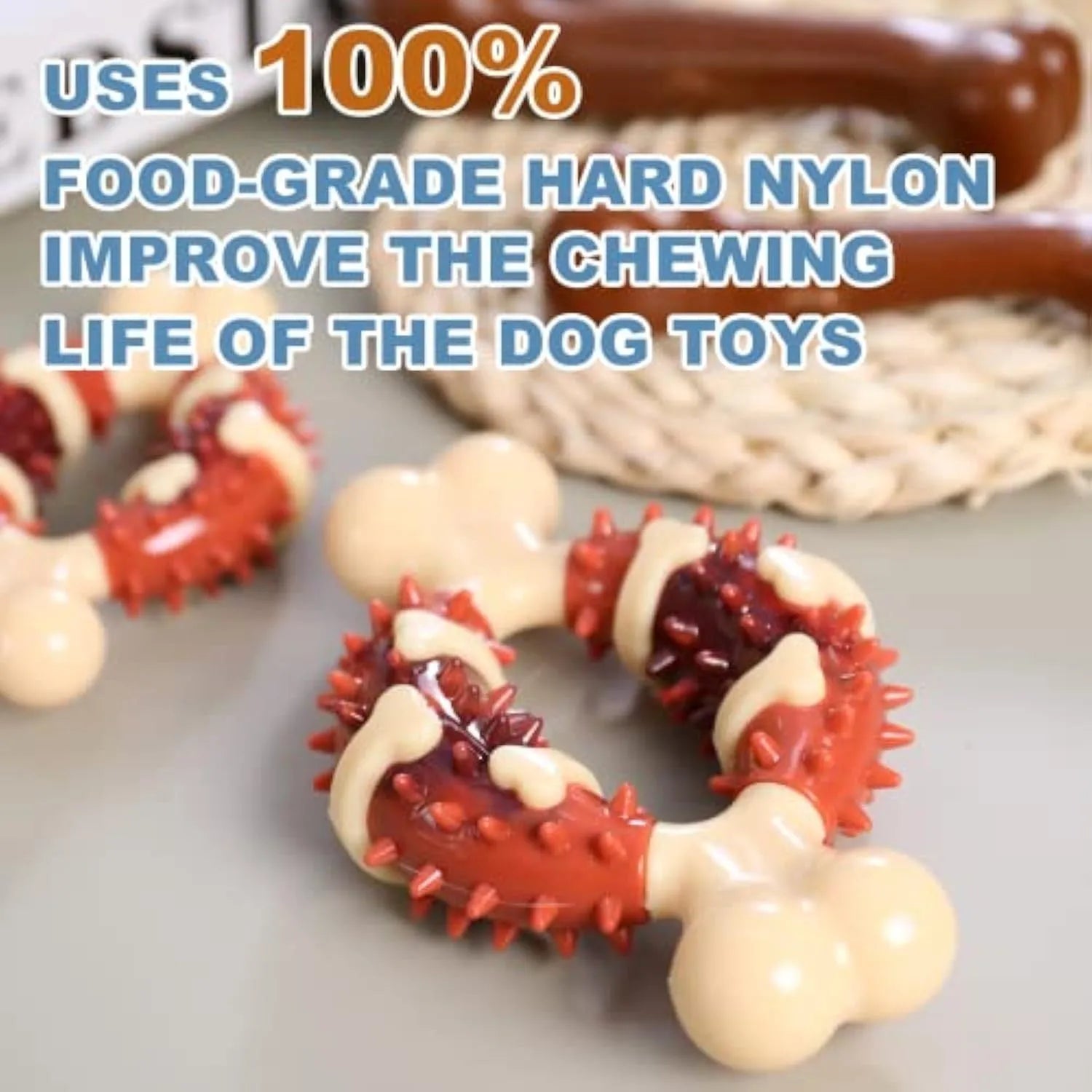 Natural rubber bone-shaped dog molar toy for teeth cleaning and anxiety relief in two size options