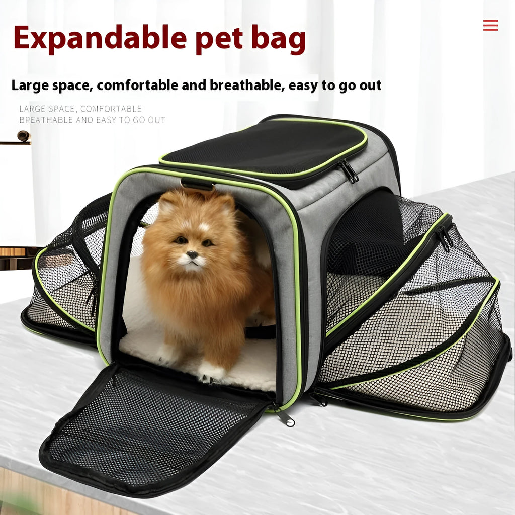 Large and small size cat carrier bag made from 600D cation fabric in black, grey blue, and grey green colour options