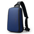 Blue men's oxford cloth chest bag with dual shoulder straps and a soft handle.