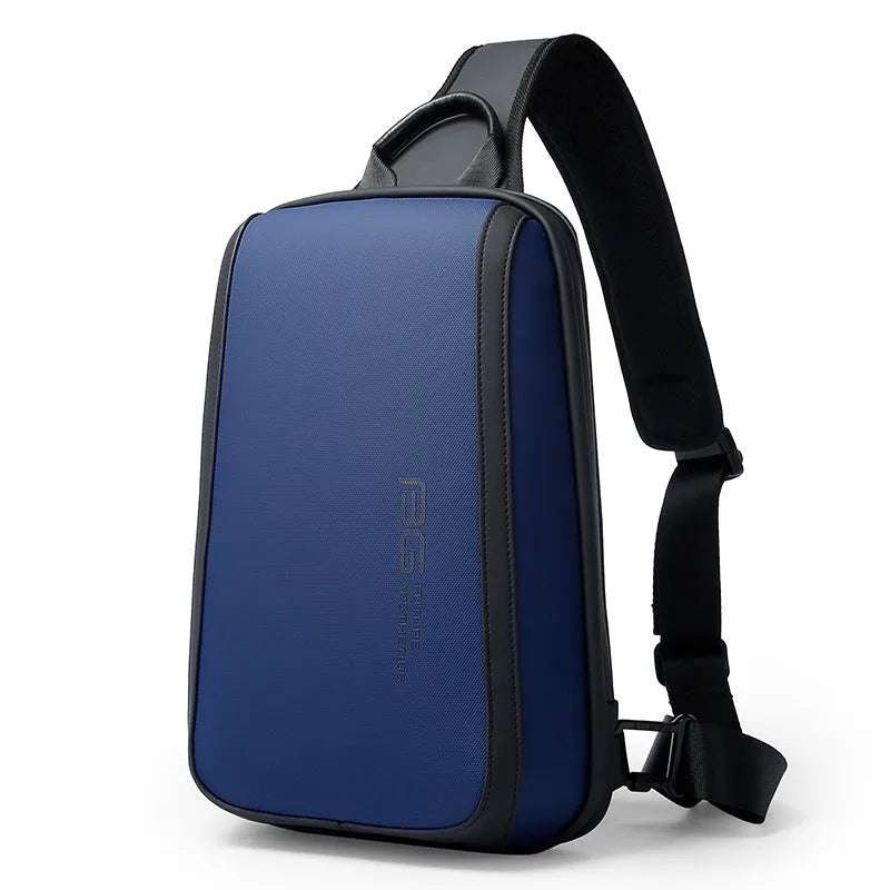Blue men's oxford cloth chest bag with dual shoulder straps and a soft handle.