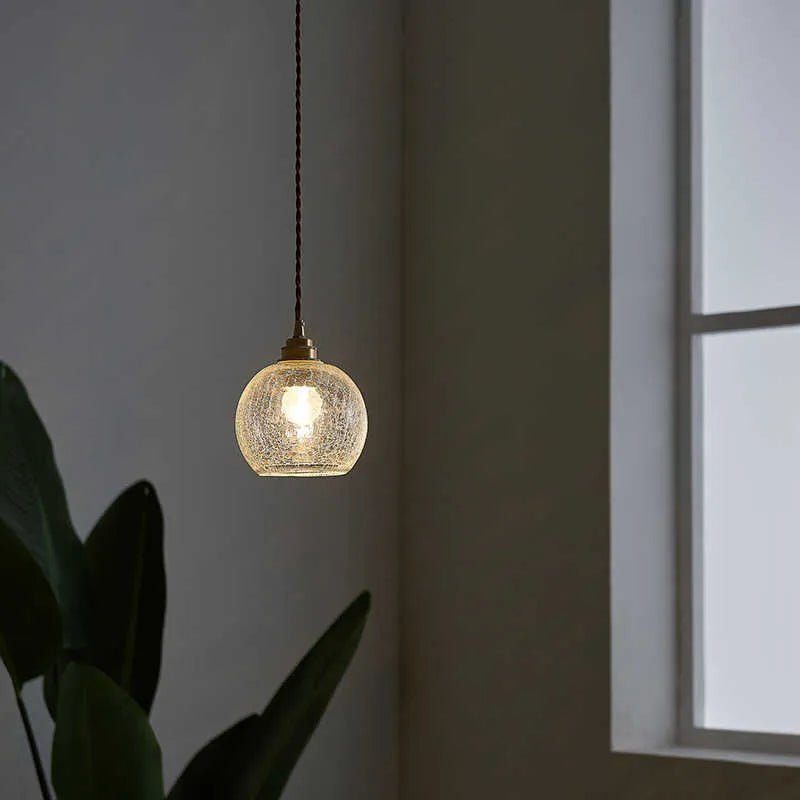 Retro brass and glass ball ceiling chandelier with copper body and spherical shade