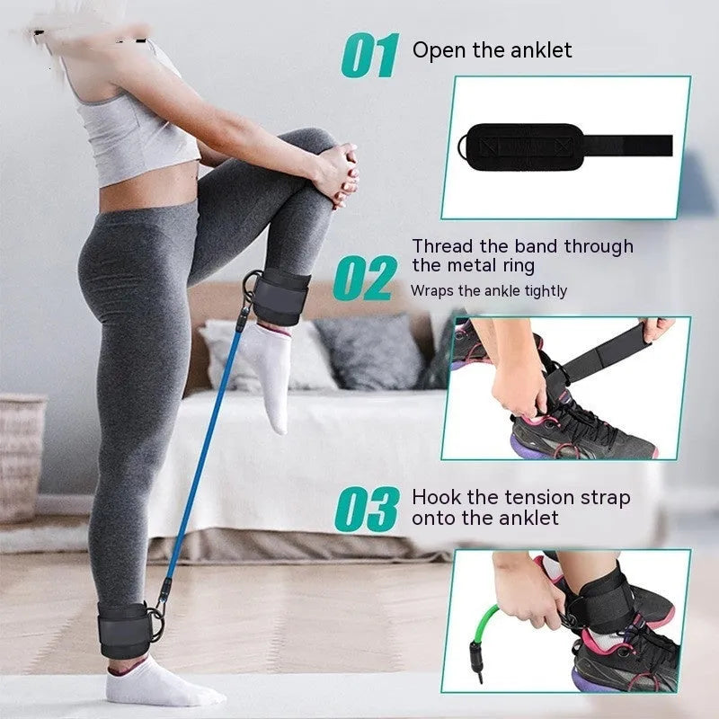 TPE yoga resistance band set with three tension levels, ankle buckle, and foot loops for fitness training