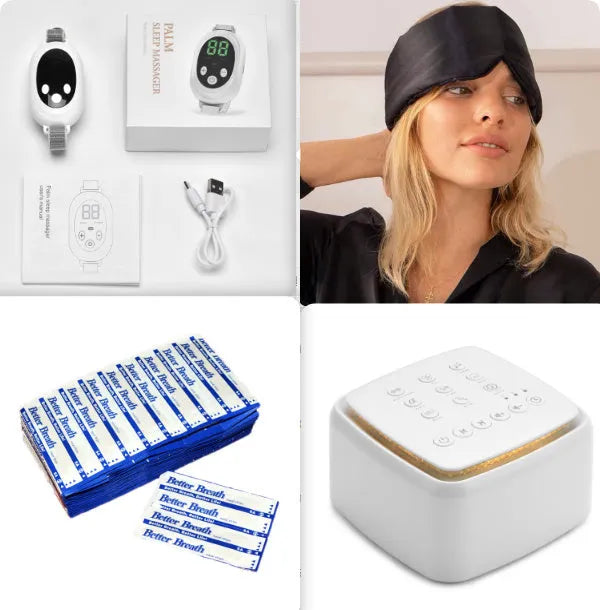 White handheld sleep aid remote control device with USB charging cable and wrist bracelet.