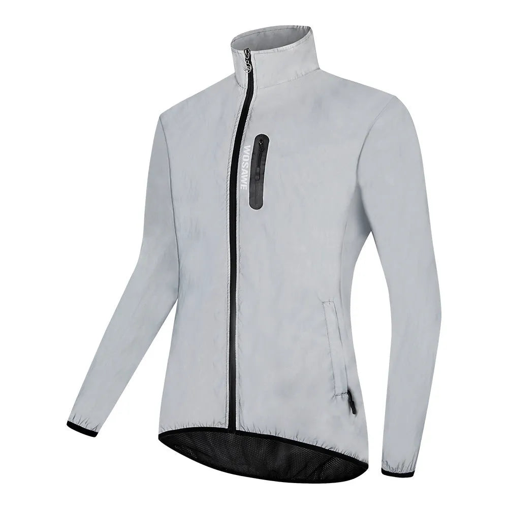Silver waterproof polyester long sleeve top shown on a hanger.