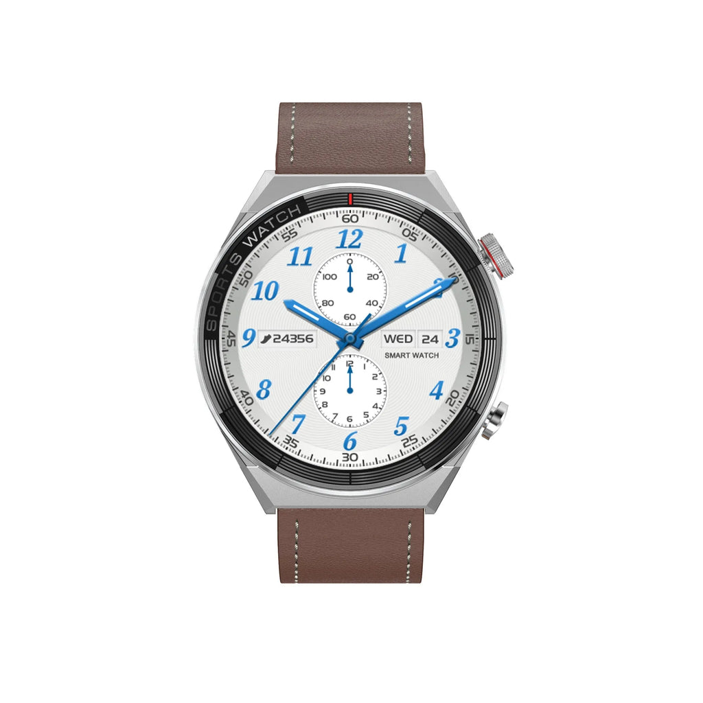 Large screen Bluetooth smart watch showing call functionality on 1.5-inch display with leather strap
