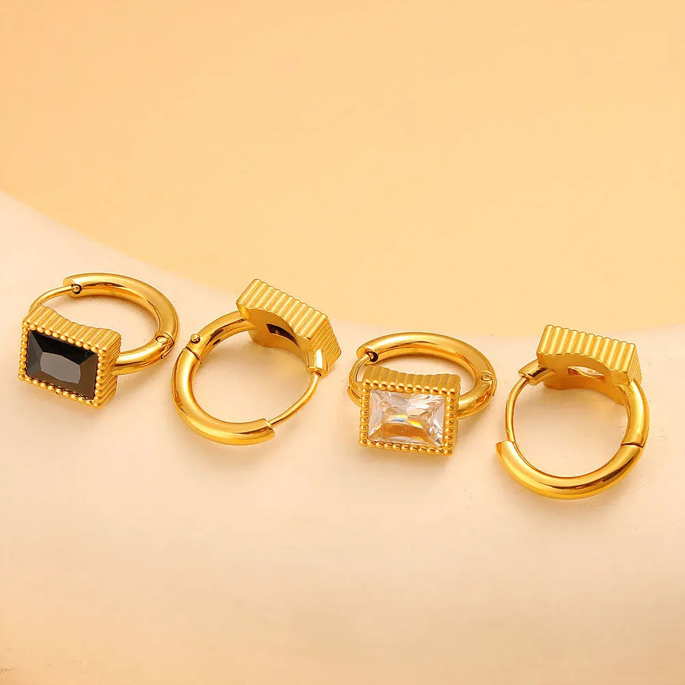 Women's stainless steel earrings with geometric square zircon design in white, black, and green colour options