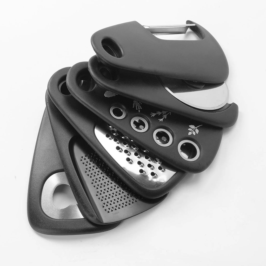 Six kitchen gadgets and brush in colour box, showing stackable stainless steel and PP tools