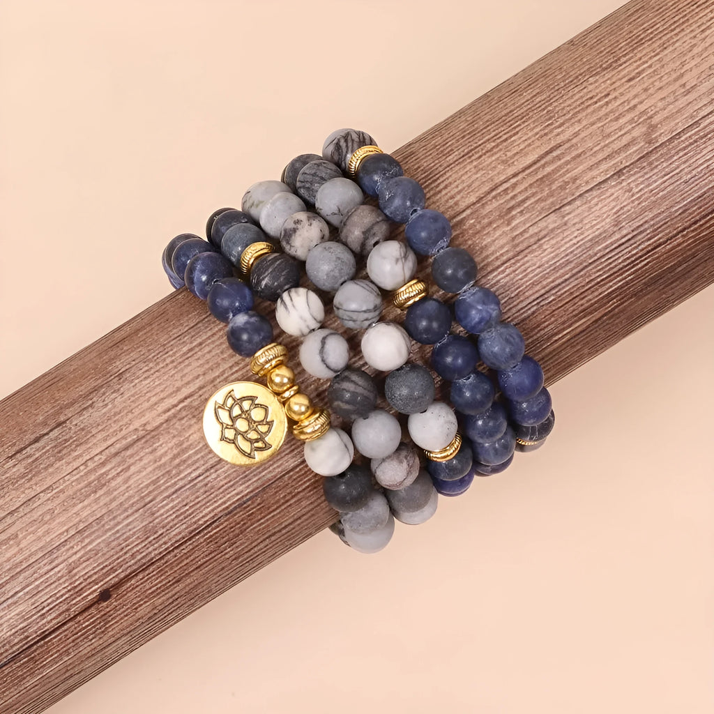 Blue patterned network stone beads on multi layer alloy bracelet