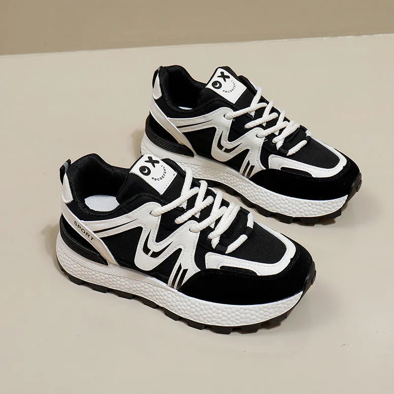 Women's flat heel platform casual shoes in black with lace-up design and round toe