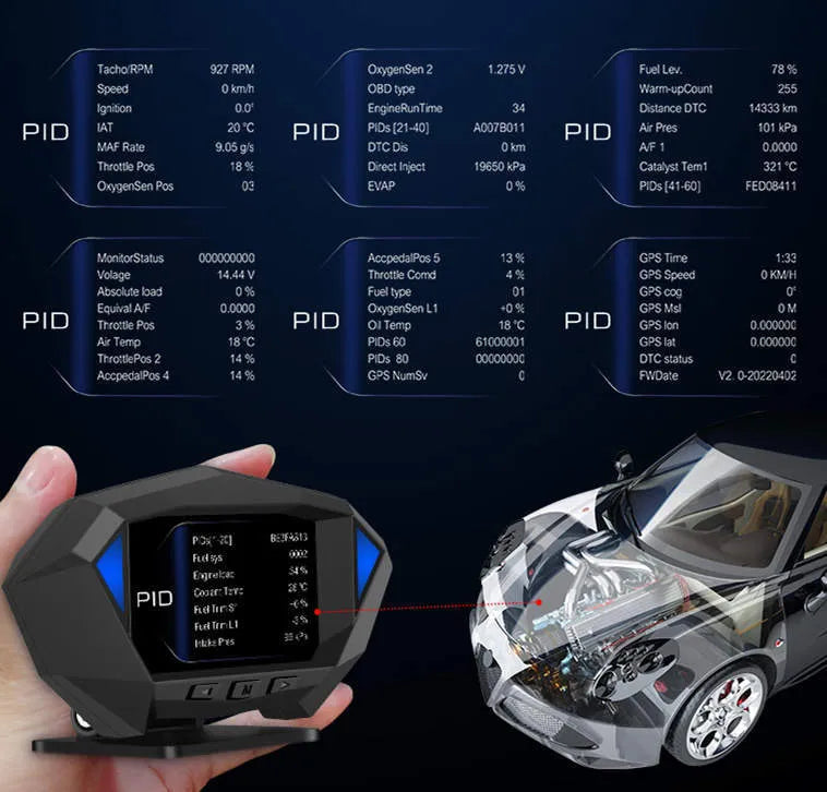 Black car HUD head-up display unit with LCD screen showing digital speed readout