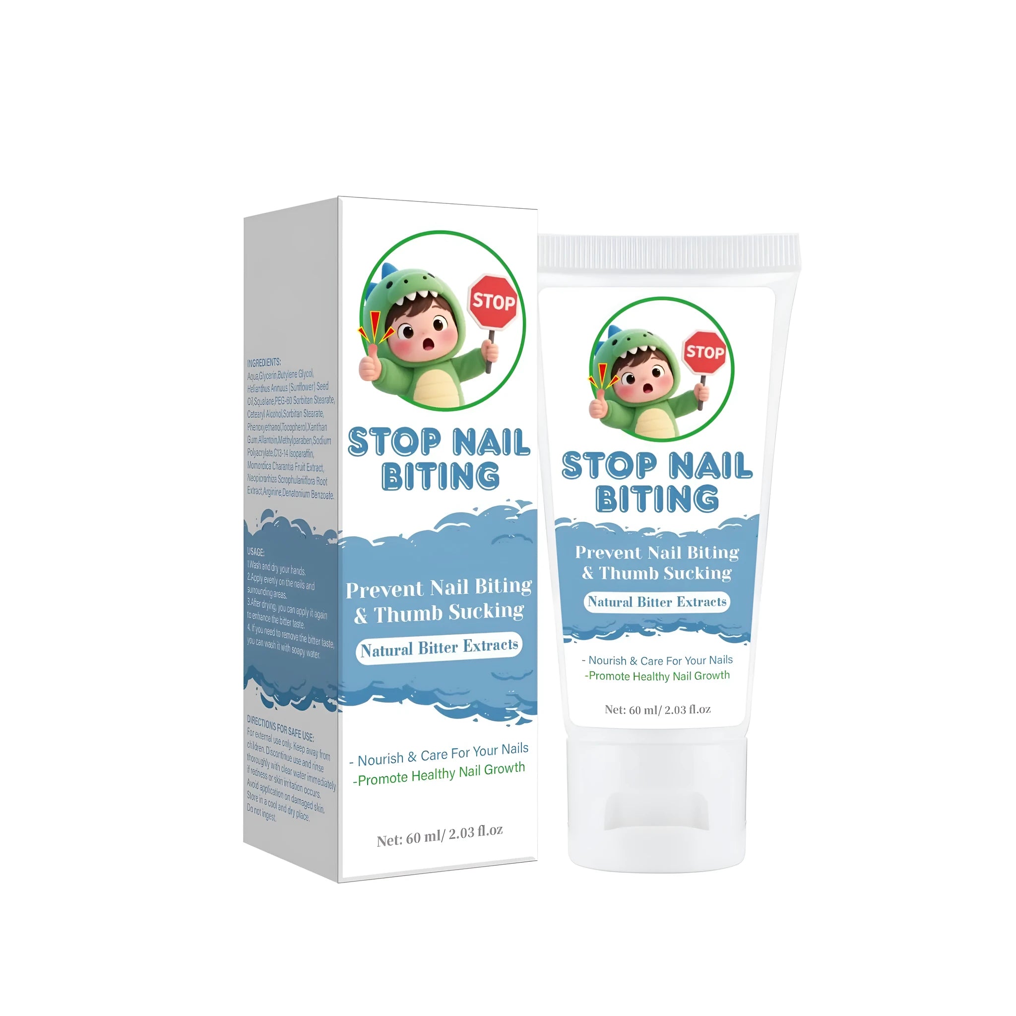 60ml bottle of anti-nail bite cream in a neutral cardboard box.