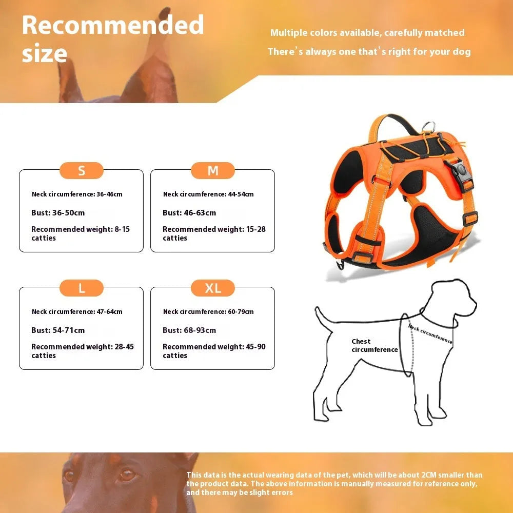 Orange reflective dog vest harness with a black full-handle grip rope attached.