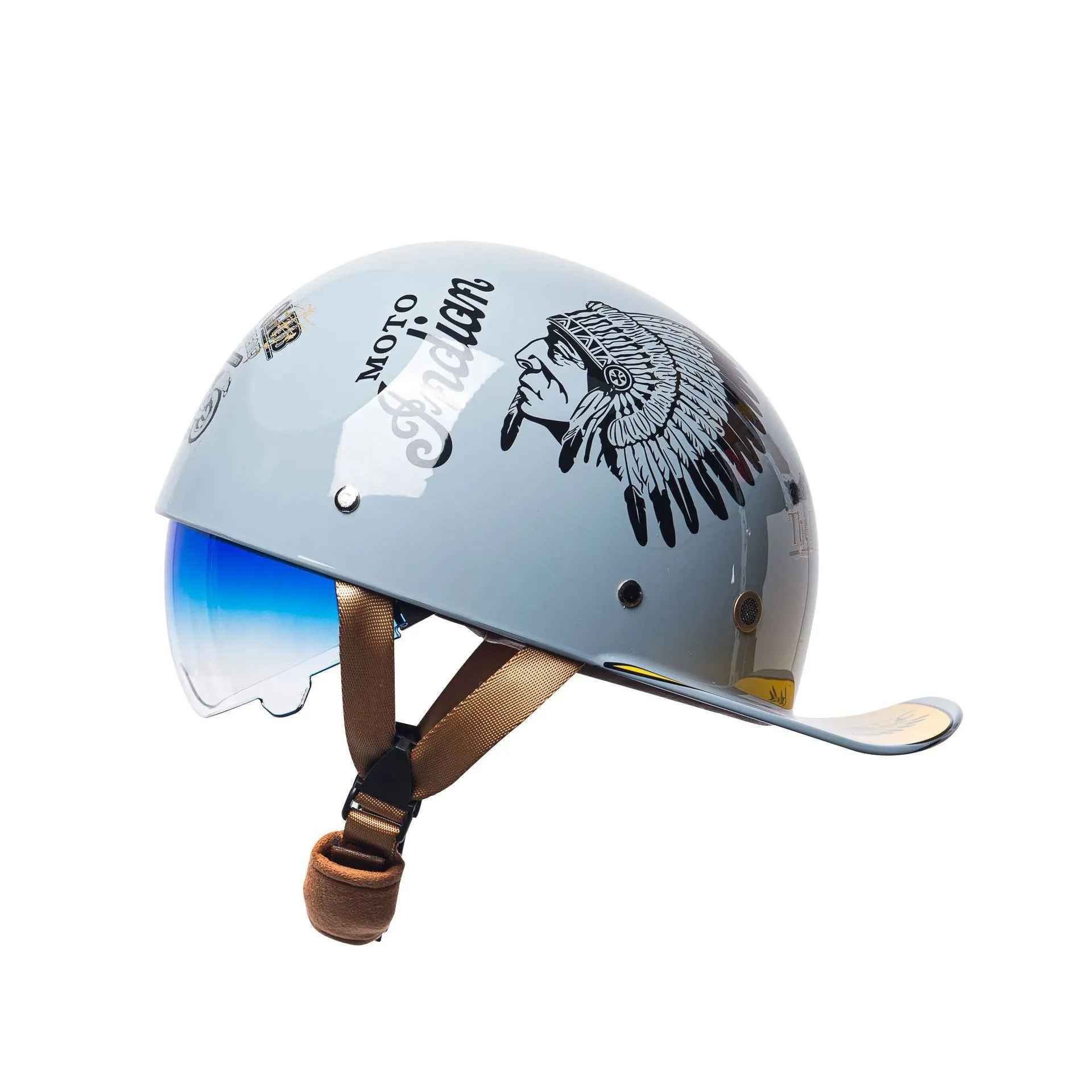 Retro half helmet for electric bicycles in bright black gradient blue colour with matching lens