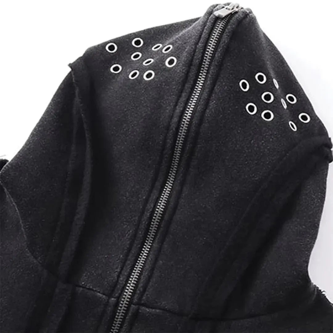Black loose-fit cotton zip hooded coat with an abstract pattern and light padding.