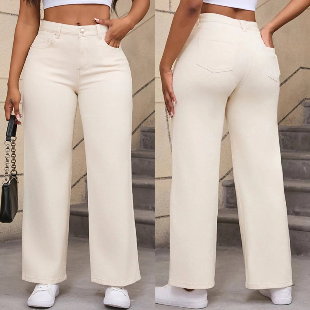 Women's autumn straight leg jeans in wide leg high waist style, apricot colour