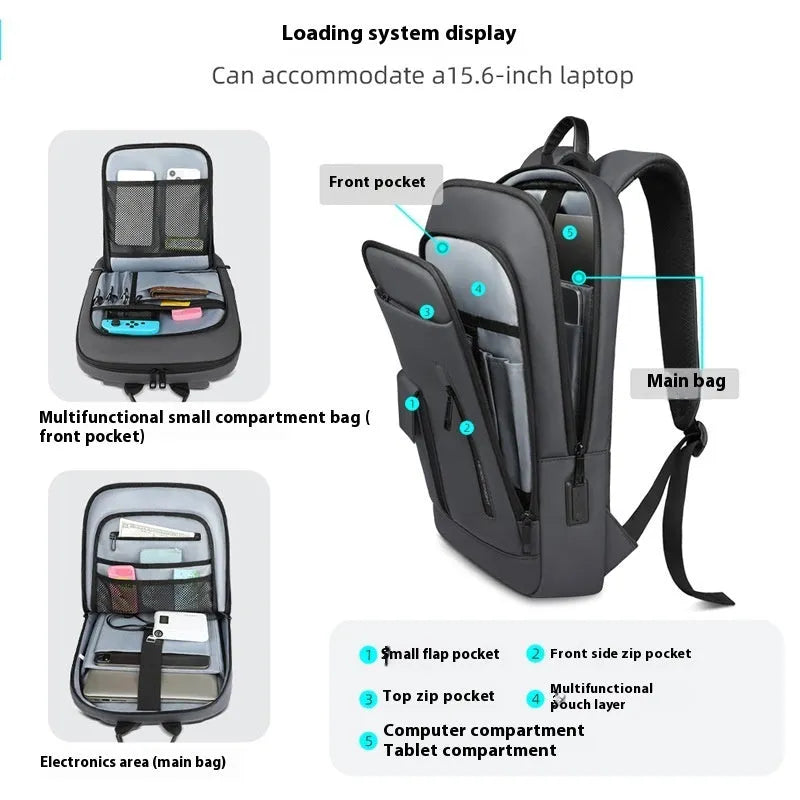 Men's lightweight Oxford cloth backpack in dark grey with crossbody design for business and travel
