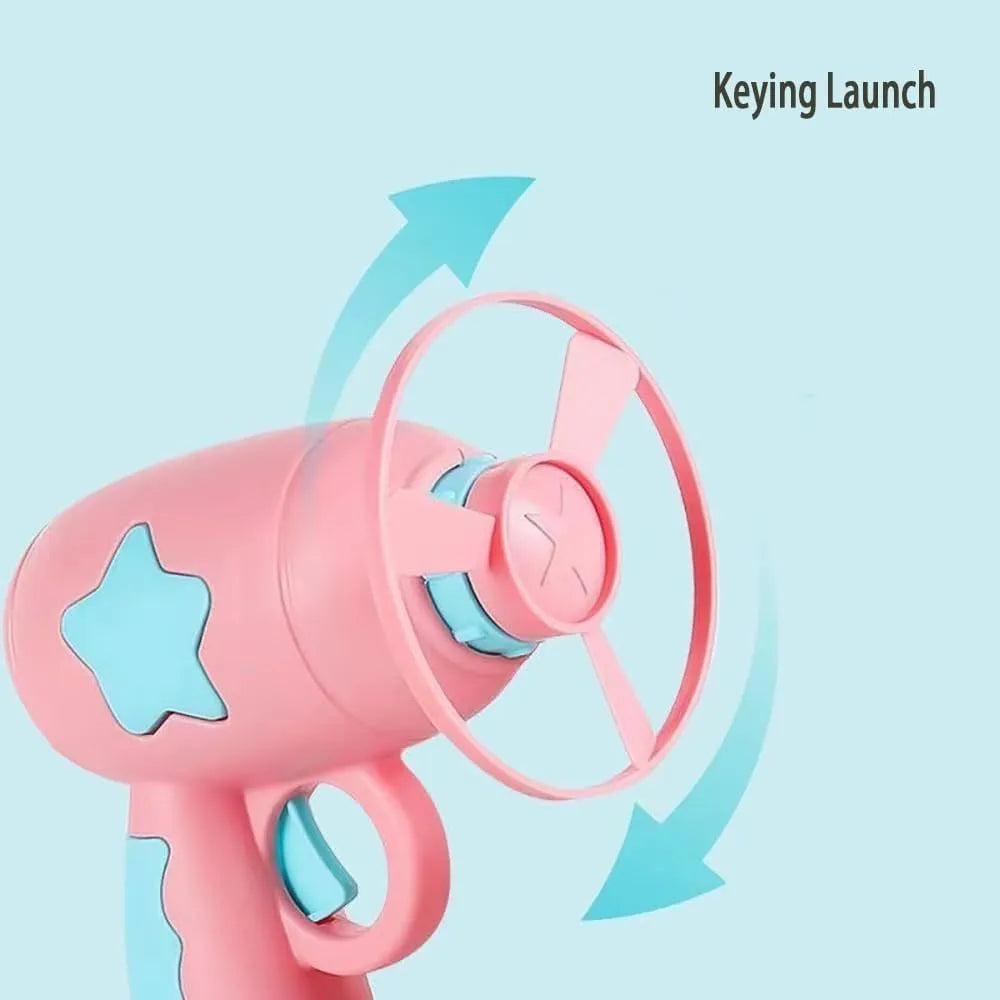 Blue plastic cat toy gun with spinning Frisbee launcher for indoor cat play