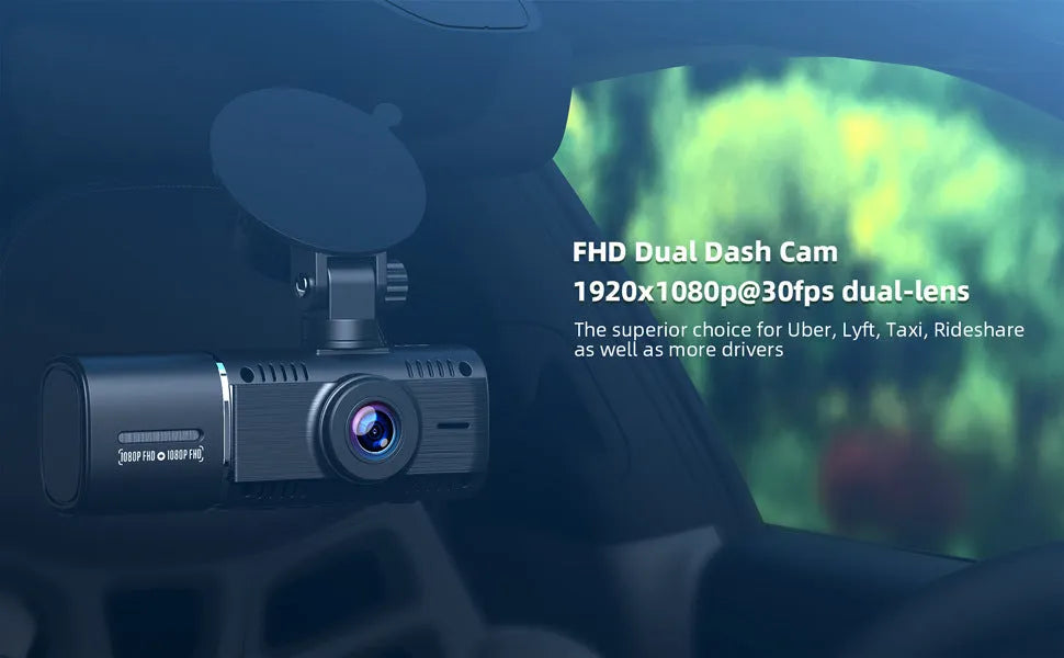 Black dashboard camera mounted on car windscreen showing dual recording capability