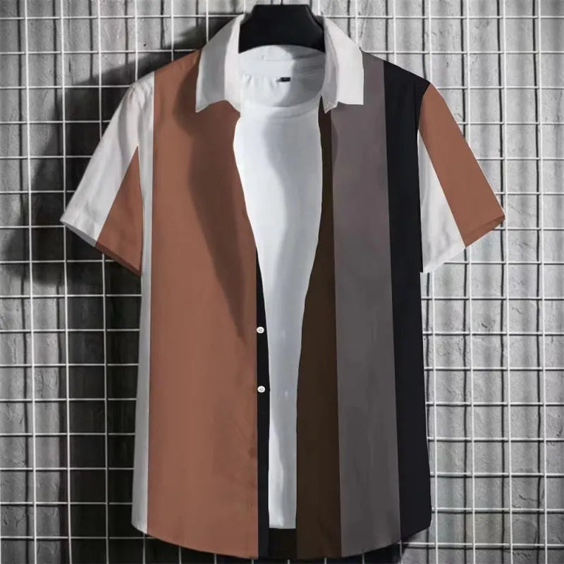 Men's striped linen short sleeve t-shirt with 3D printing texture, laid flat.