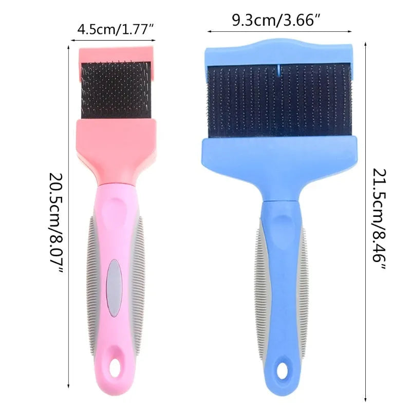 Double-sided pet brush with stainless steel pins on one side and soft bristles on the other
