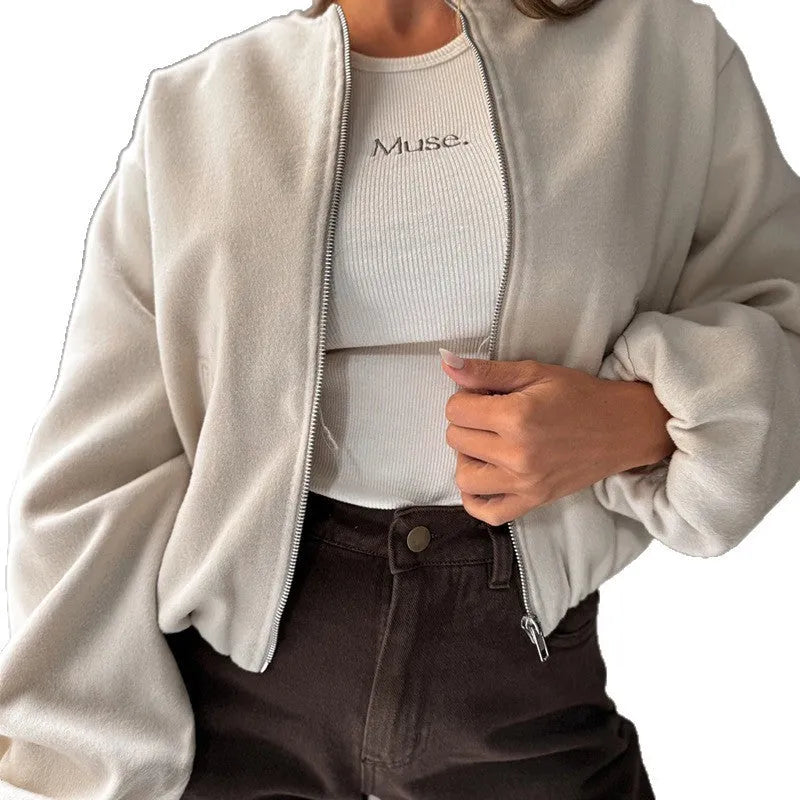 Women's off-shoulder lantern sleeve short coat in brown or milky white polyester fabric