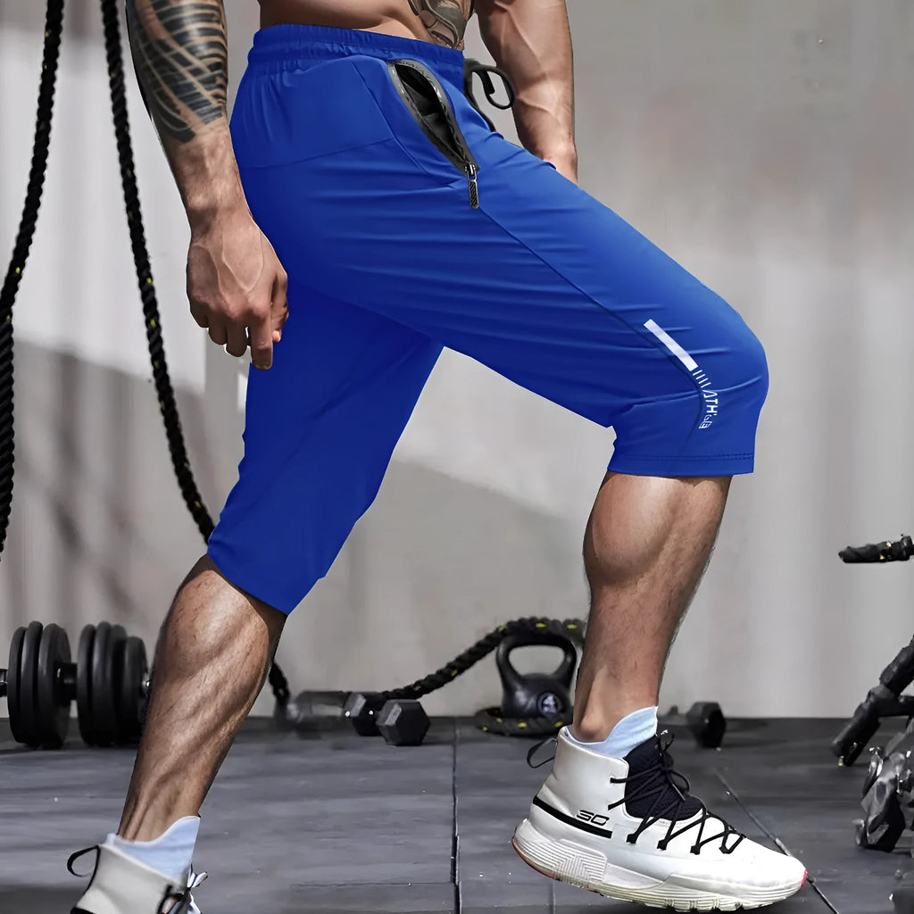 Men's grey cropped sports casual trousers with straight leg and elastic nylon fabric