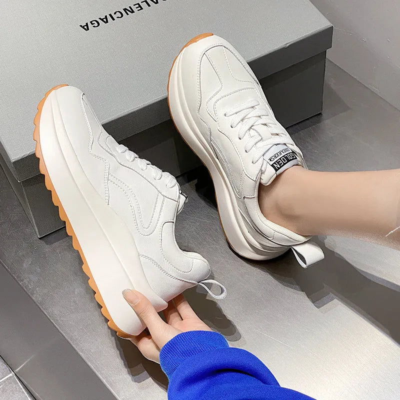 Women's beige low-top casual leather sports shoes with cross-strap and round toe